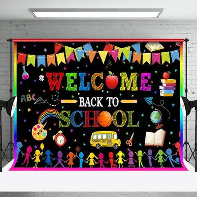 Welcome Rainbow Flags Bus Back To School Backdrop - Aperturee