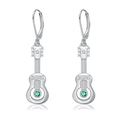Sterling Silver Cubic Zirconia Guitar Lever-back Earrings