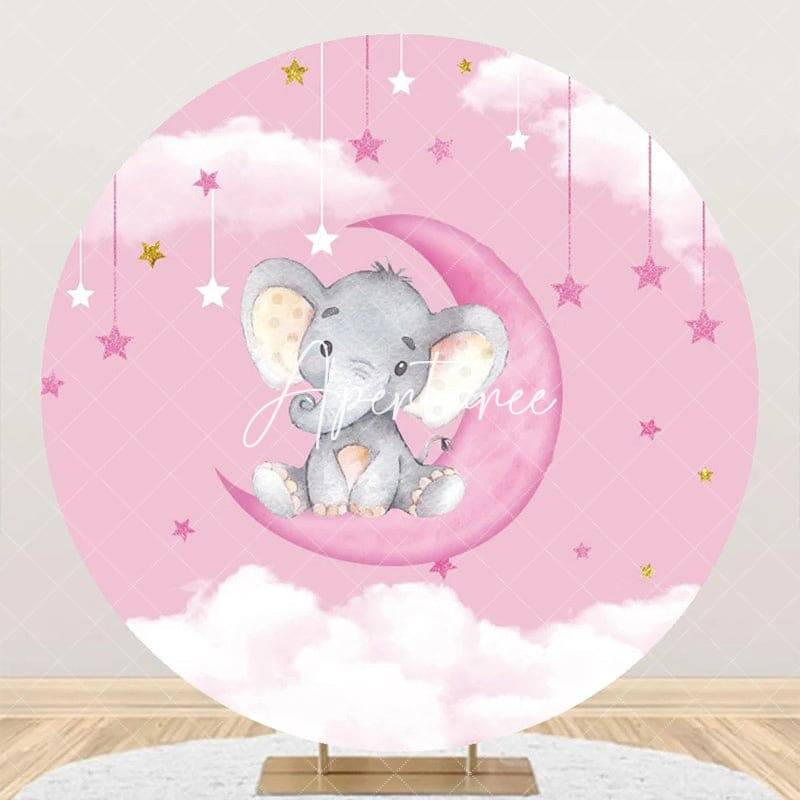 Pink Moon Elephant Star Round Baby Shower Backdrop - Aperturee