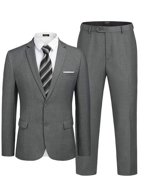 2 Piece Suits Set Slim Fit Tuxedo Jacket Suits (US Only), Grey / S