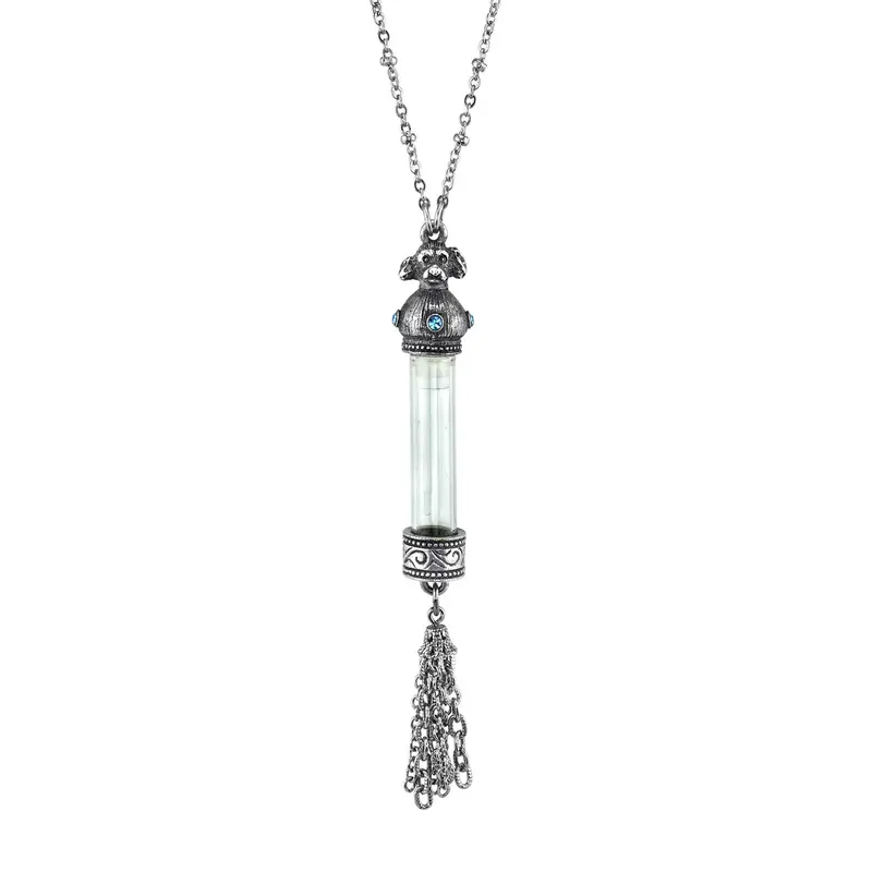 Antiqued Pewter Blue Crystal Cat Vial Tassle Necklace 30in