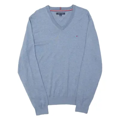 TOMMY HILFIGER Mens Jumper Blue V-Neck Tight Knit L