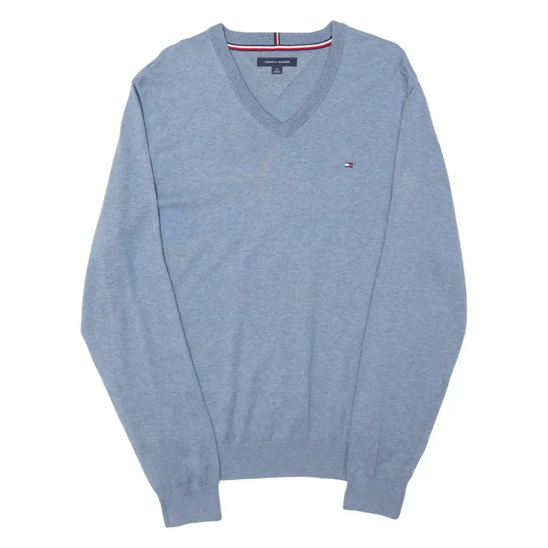 TOMMY HILFIGER Mens Jumper Blue V-Neck Tight Knit L