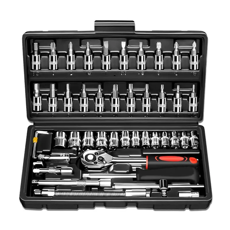 46 Pieces 1/4 inch Drive Socket Ratchet Wrench Set, with Bit Socket Set Metric and Extension Bar for Auto Repairing and House...