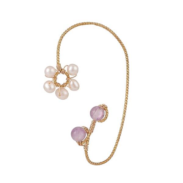 Natural Amethyst & Pearl Braided Flower Cuff Earrings