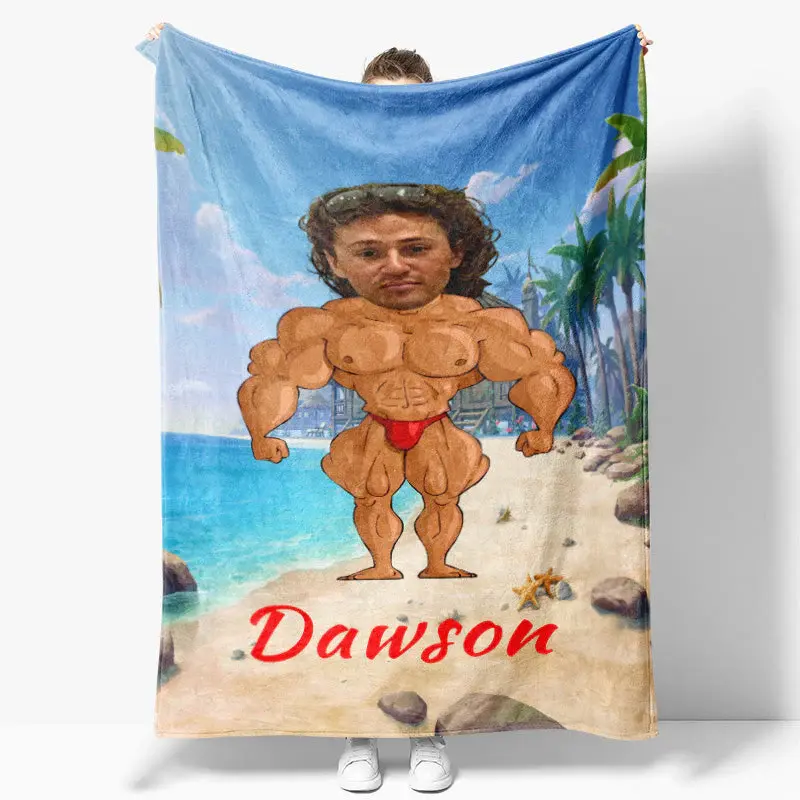 Personalized Body Builder Boy Coastal Beach Blanket - Lofaris