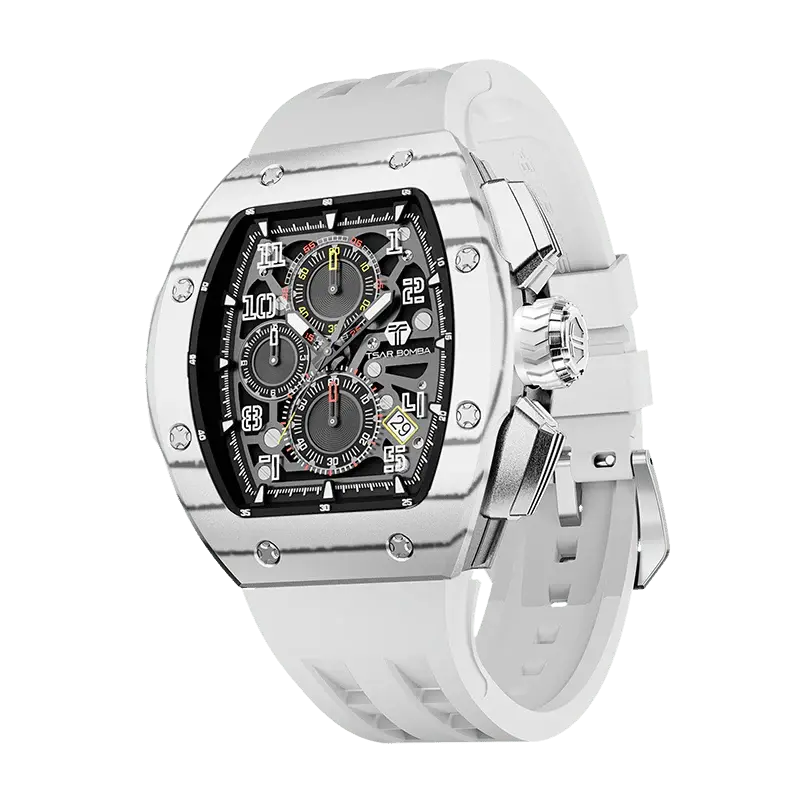 TSAR BOMBA Men's Quartz Watch | White | Atomic TB8214 | Carbon Fiber Bezel | Luxury Sport Watch | 50M Waterproof Sapphire Gla...