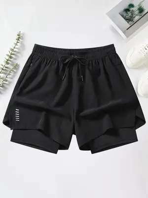 Men's 2 in 1 Solid Drawstring Waist Zip Pocket Athletic Shorts with Liner, National Day Clothing, Essentials Shorts, Casual Q...