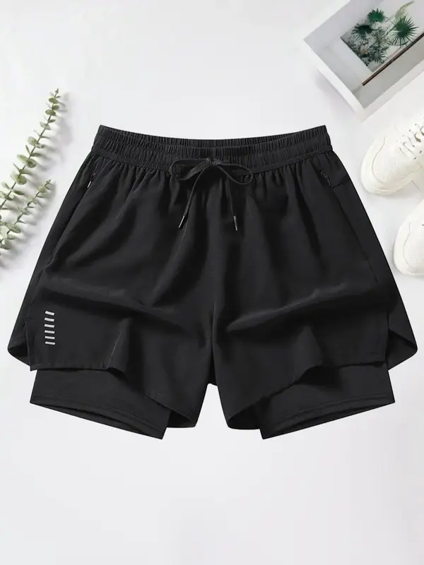 Men's 2 in 1 Solid Drawstring Waist Zip Pocket Athletic Shorts with Liner, National Day Clothing, Essentials Shorts, Casual Q...