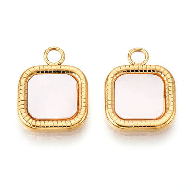 304 Stainless Steel Pave Natural Shell Square Pendants
