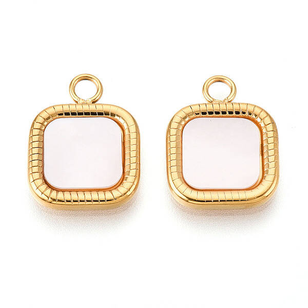 304 Stainless Steel Pave Natural Shell Square Pendants