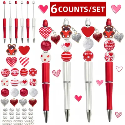 Mother's Day Themed Ballpoint Pen & Wooden Bead & Pendant Sets, 6 Counts/10pcs Heart & Bear Design Office Stationery for Stud...