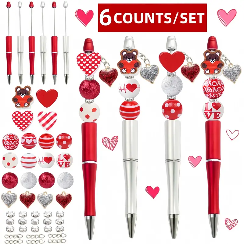 Mother's Day Themed Ballpoint Pen & Wooden Bead & Pendant Sets, 6 Counts/10pcs Heart & Bear Design Office Stationery for Stud...