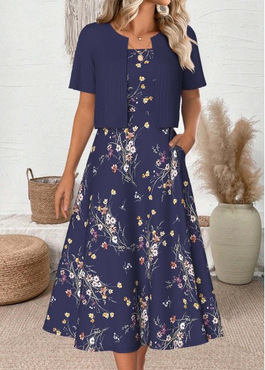 Modlily Navy Floral Print Half Sleeve Dress and Cardigan - XL