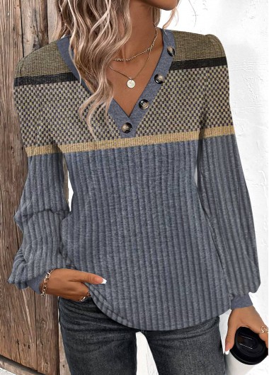 Modlily Dark Blue Patchwork Geometric Print Long Sleeve T Shirt - L