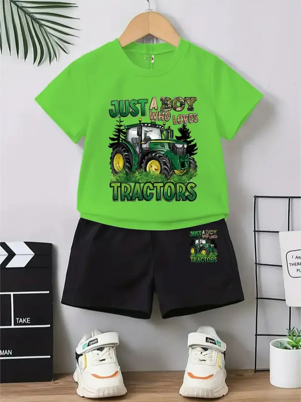 Two-piece Set Toddler Boy's Cartoon Print Round Neck Tee & Shorts, Casual Short Sleeve T-shirt & Shorts, Kids Summer Clothes,...