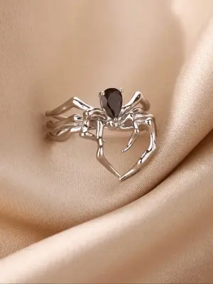 Punk Style Spider Open Ring for Women & Girls, Artificial Gemstone Gothic Jewelry, Fashion Statement Halloween Accessory, Fas...