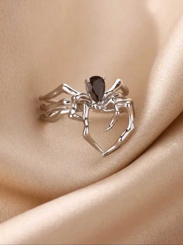 Punk Style Spider Open Ring for Women & Girls, Artificial Gemstone Gothic Jewelry, Fashion Statement Halloween Accessory, Fas...