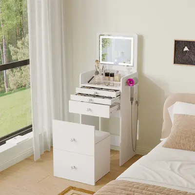 VOWNER 3 in 1 Small Vanity Desk Makeup Vanity with LED Lighting Mirror and Cushioned Stool Nightstand Girls Small Vanity