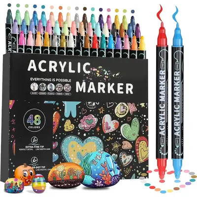 Acrylic Paint Marker Pen, 12/24/36/48pcs Dual Tip Acrylic Paint Pen, Art Supplies for Wood, Canvas, Stone, Rock Painting, Gla...