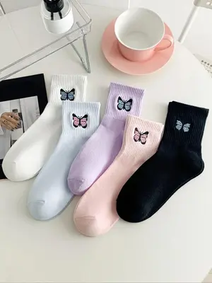 5 Pairs Butterfly Embroidery Crew Socks, Casual Cute Fashion Comfort Socks for Lady, Comfortable Multipack Mid Calf So...