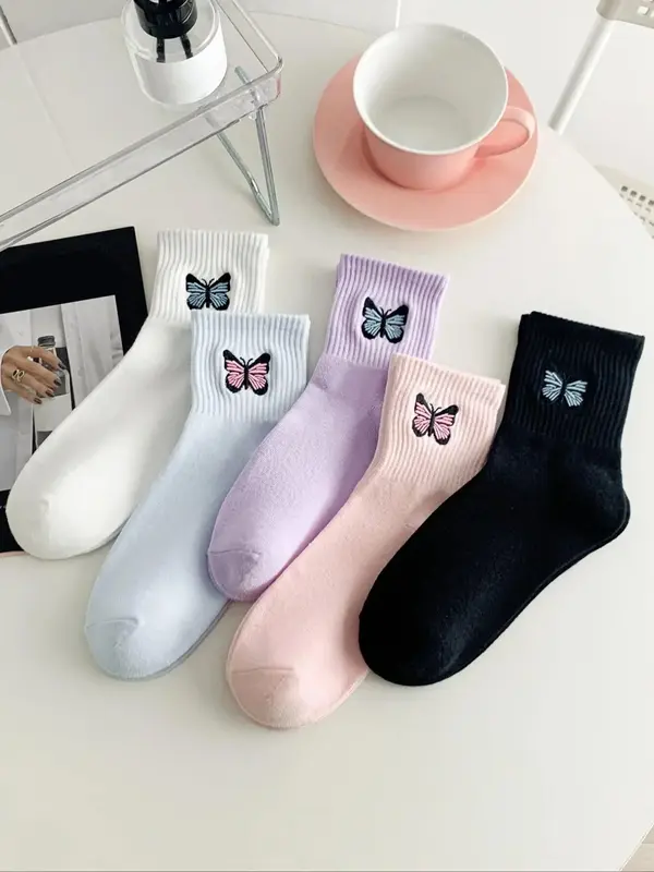 5 Pairs Butterfly Embroidery Crew Socks, Casual Cute Fashion Comfort Socks for Lady, Comfortable Multipack Mid Calf So...