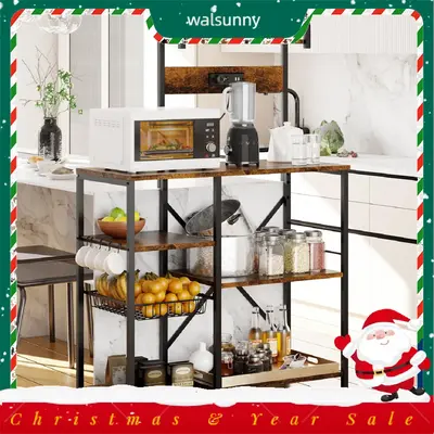 Walsunny 23.6 Standing Bakers Rack Shelf with Power Outlet, Kitchen Organizers and Storage with 6 Hooks, Coffee Station Cab...