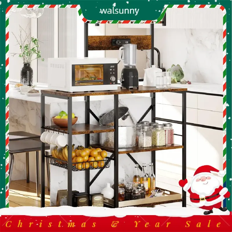 Walsunny 23.6 Standing Bakers Rack Shelf with Power Outlet, Kitchen Organizers and Storage with 6 Hooks, Coffee Station Cab...