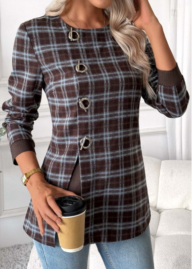 Modlily Dark Coffee Tummy Coverage Plaid Long Sleeve Blouse - S