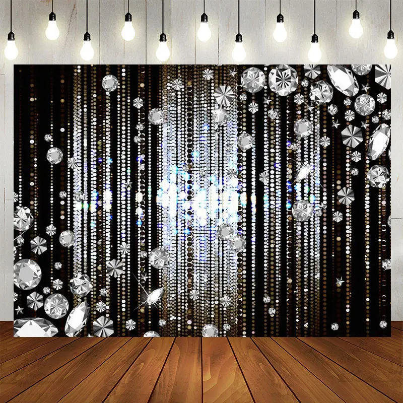 Aperturee Silver Glitter Diamonds Black Birthday Backdrop
