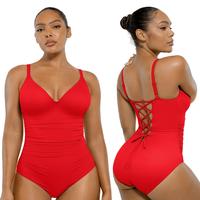 Shapellx Women's Back Drawstring One-piece Swimsuit V-neck Elastic Triangle-Cut Bottom Customizable Shoulder Band Removable C...