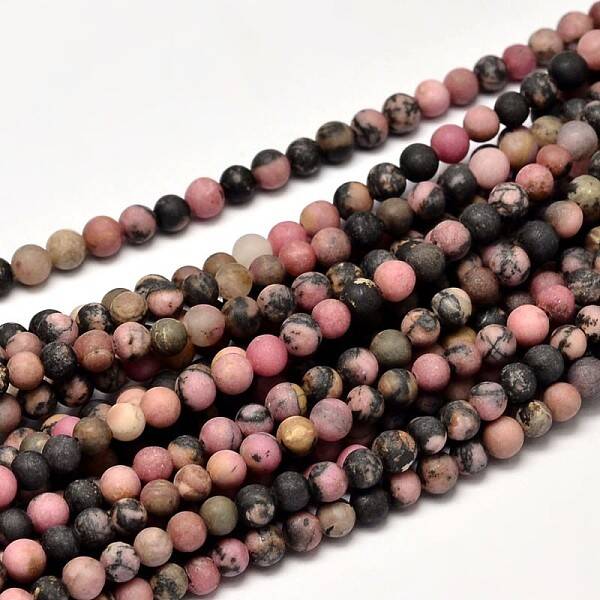 Frosted Natural Rhodonite Round Bead Strands