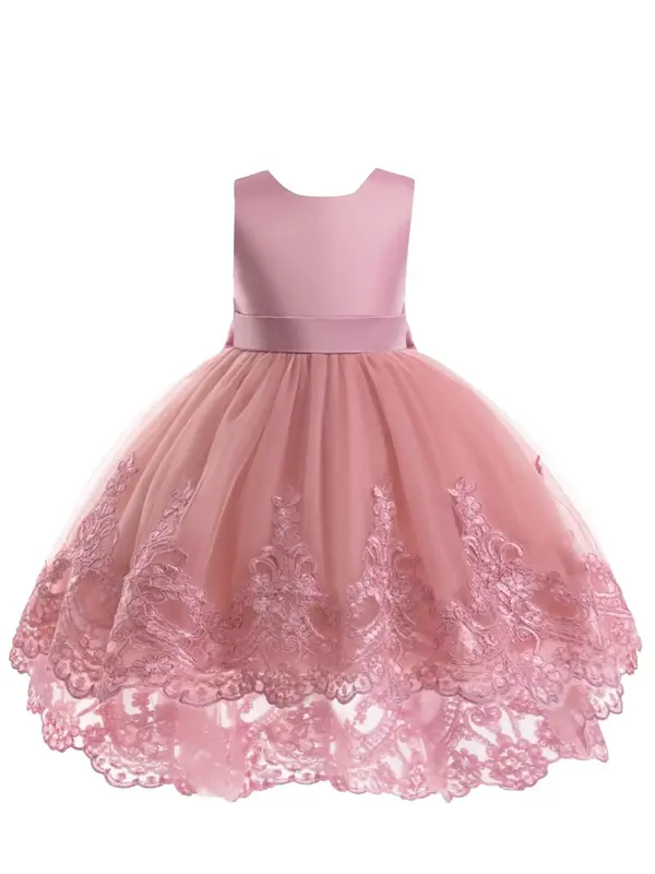 Girl's Contrast Mesh Big Bow Decor Fit & Flare Dress, Elegant Sleeveless Round Neck Formal Midi Dress for Party Wedding Gue...