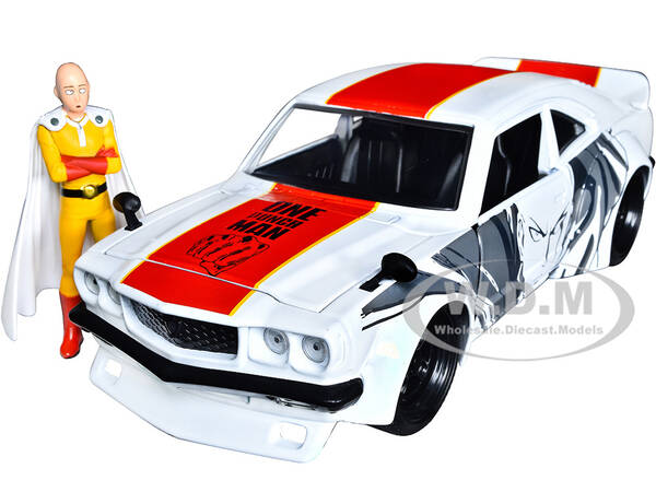 1974 Mazda RX-3 White with Red Stripe and Graphics and Saitama Diecast Figure One Punch Man (2015-2019) TV Series 1/24 Diec...