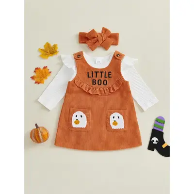 Baby Girl Halloween Clothes Solid Long Sleeve Romper Ghost Embroidery Overall Dress Headband 3 Pcs Set
