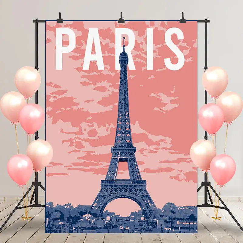 Pink Sky Cloud Eiffel Tower Paris Birthday Backdrop