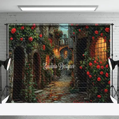 Red Rose Retro Building Valentines Day Backdrop - Aperturee