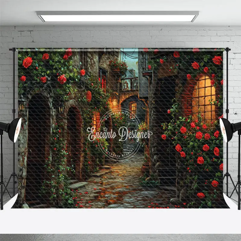 Red Rose Retro Building Valentines Day Backdrop - Aperturee