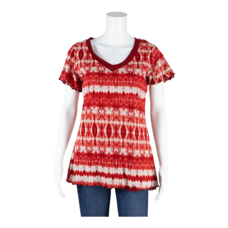 BIAGGINI Top Red V-Neck Striped Short Sleeve Womens L