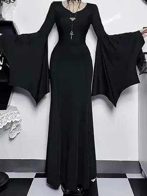 Dark Gothic Black Dress with Flared Sleeves | Halloween Witch Vampire Costume | Sexy Cosplay Maxi Gown | Trending Clubwear | ...