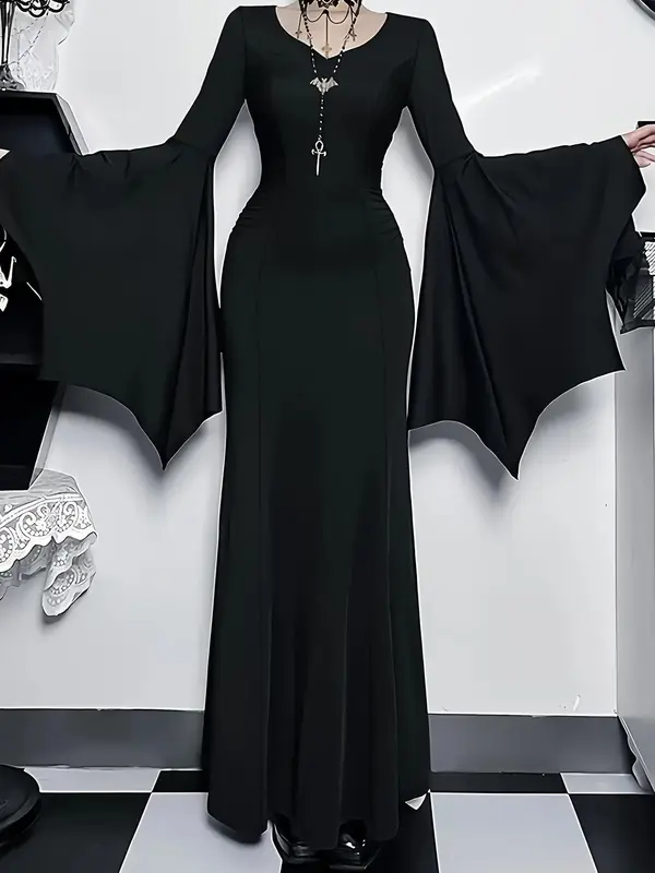 Dark Gothic Black Dress with Flared Sleeves | Halloween Witch Vampire Costume | Sexy Cosplay Maxi Gown | Trending Clubwear | ...