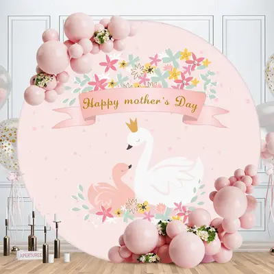 Aperturee Floral And Swan Round Pink Happy Mothers Day Backdrop
