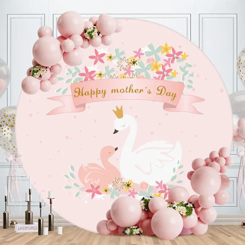 Aperturee Floral And Swan Round Pink Happy Mothers Day Backdrop