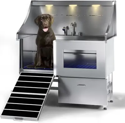 LED Professional Stainless Steel Dog Bathing Station with Window Ramp Drawer Floor Grate Faucet for Large Medium & Small Dogs...