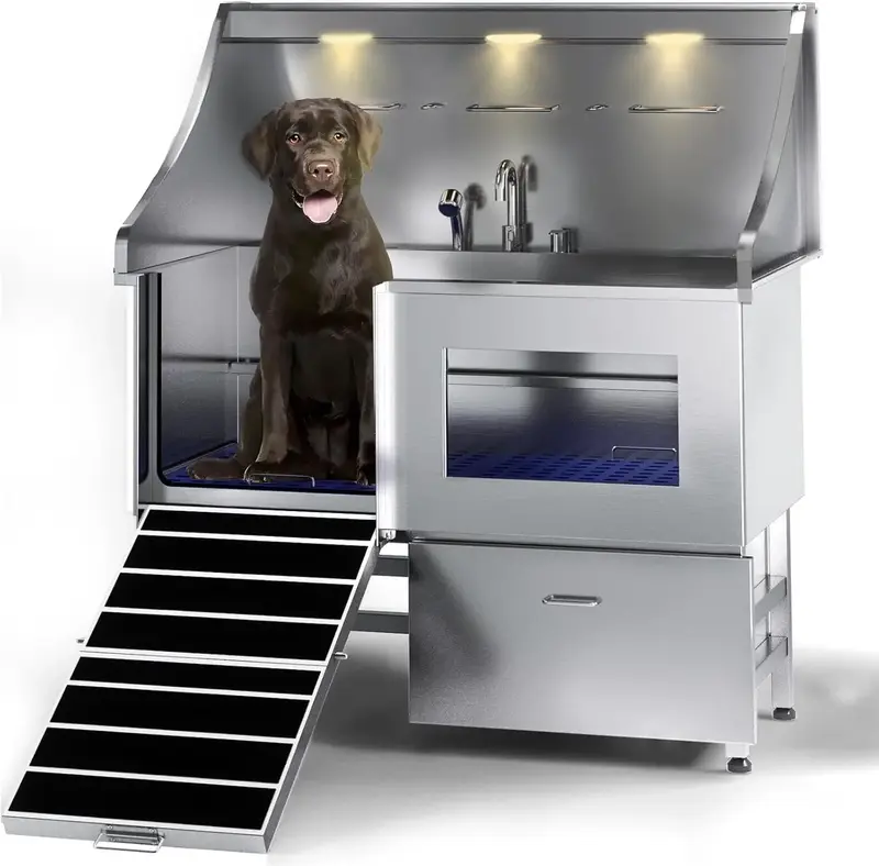 LED Professional Stainless Steel Dog Bathing Station with Window Ramp Drawer Floor Grate Faucet for Large Medium & Small Dogs...