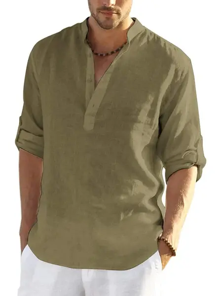 Cotton Linen Style Henley Shirt (US Only), Army Green / 4XL