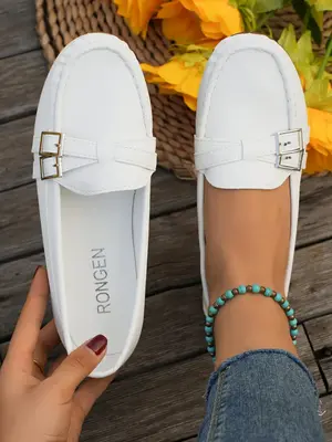 Women's Solid Pu Leather Slip-on Flats, Comfortable Buckle Decor Round Toe Flat Shoes, Lightweight Shoes for Women & Girls, T...