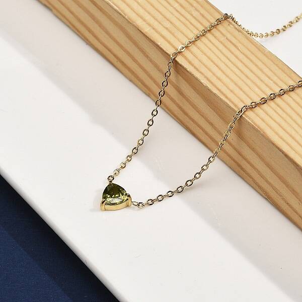 304 Stainless Steel Olive Cubic Zirconia Triangle Pendant Necklaces for Women