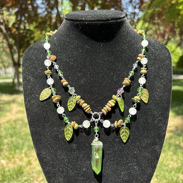 Leaf Pointed Alloy & Glass Pendant Necklaces