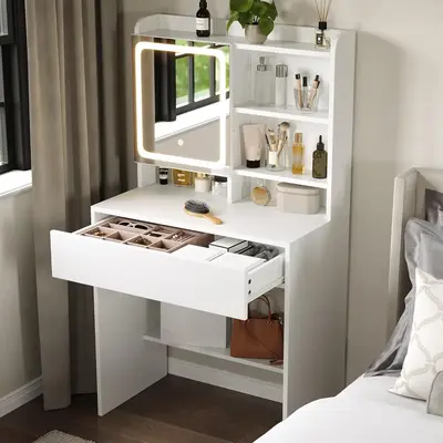 Dowinx Small Vanity Desk with Mirror and Lights, Makeup Vanity with Drawer & Storage Shelves, 3 Lighting Modes Adjustable Bri...